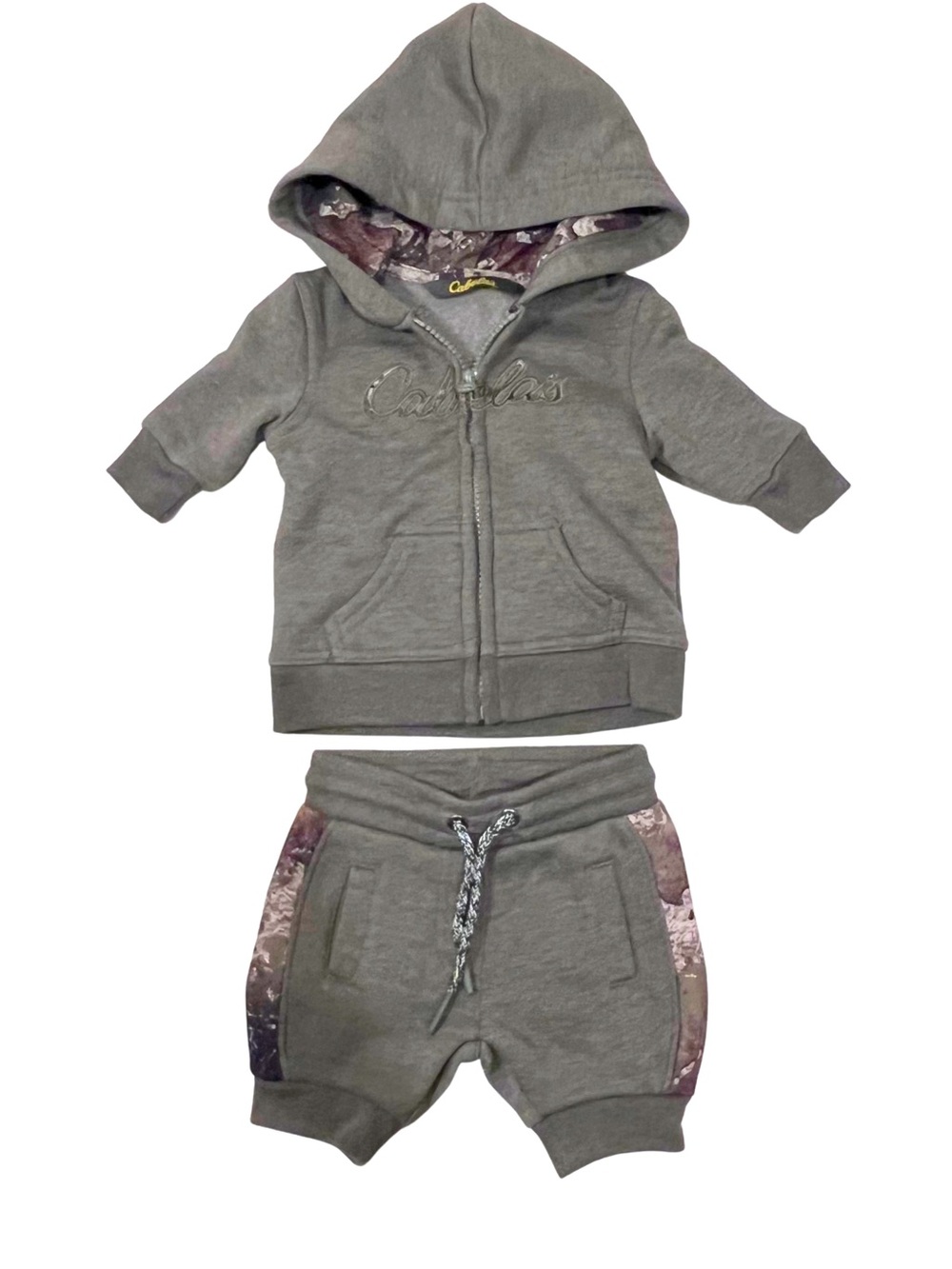 Cabela's 0-3 Month Infant Hoodie & Shorts Set - Gray with Camo Trim